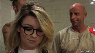 Sexy blonde journalist Aspen Ora took by group of football players and got dual invasion fucked by their big dicks in locker room